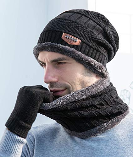 Petrunup Winter Warm Knit Slouch Beanie Hat Skiing Neck Warmer Scarf Touchscreen Gloves 3/2 Pcs Set with Double-Layer Fleece Lining for Men Women - Image 3