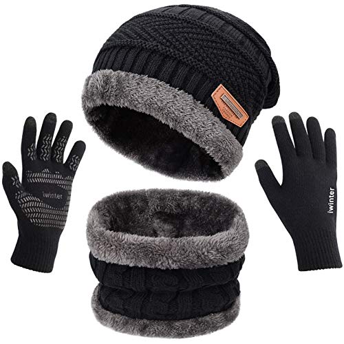 Petrunup Winter Warm Knit Slouch Beanie Hat Skiing Neck Warmer Scarf Touchscreen Gloves 3/2 Pcs Set with Double-Layer Fleece Lining for Men Women