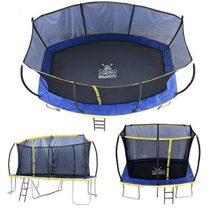zero gravity ultima 5 rectangular barrel trampoline in 3 sizes. high specification with safety enclosure netting and ladder