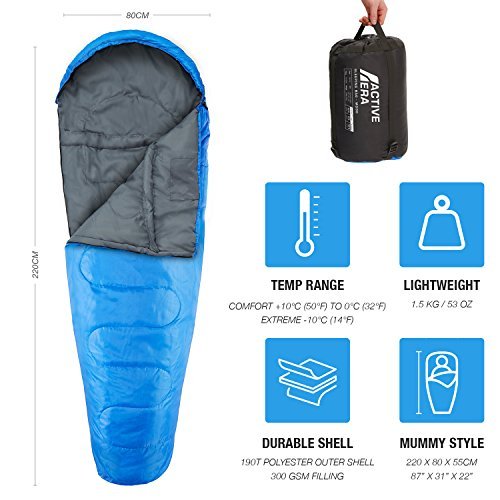 Active Era Professional 300 Warm Mummy Sleeping Bag - 300 GSM Double Layer Filling - 3-4 Season for Camping, Hiking, Outdoors - Image 3