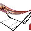 hammock with stand, double cotton hammock with space saving metal steel frame for outdoor indoor garden camping hammocks with portable carrying bag and accessories